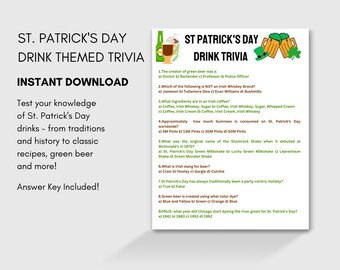 Saint Patrick's Day Drink Themed Trivia Game | St. Patty's Day Trivia | St. Patrick's Day Printable Game | Instant Download