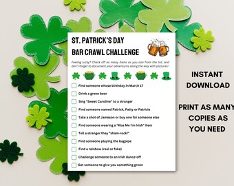 St Patrick's Day Bar Crawl Scavenger Hunt Printable Game | St Patrick's Day Bar Crawl Challenge Adult Game | Instant Download