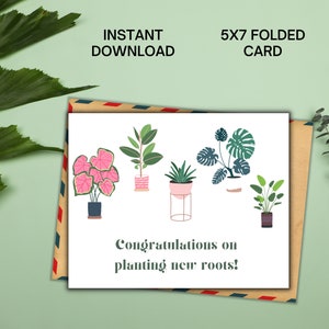 Félicitations pour avoir planté de nouvelles cartes de pendaison de crémaillère | Imprimable House Plant New Home Card | Félicitations sur le thème des plantes | Propriétaire pour la première fois