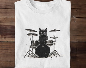 Black Cat Drummer T-Shirt, Shirt for Drummers, Gift for Musician, Funny Tee, Shirt for Dads, Drums T-Shirt, Drummer Shirt, Musician Shirt