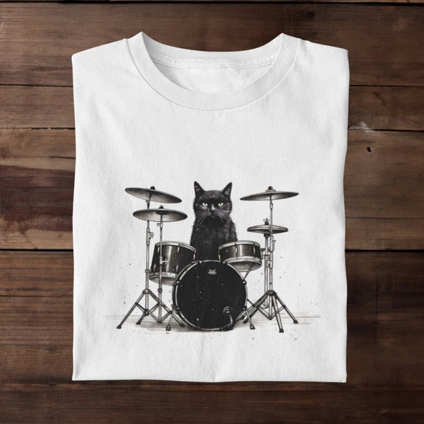 Black Cat Drummer T-Shirt, Shirt for Drummers, Gift for Musician, Funny Tee, Shirt for Dads, Drums T-Shirt, Drummer Shirt, Musician Shirt