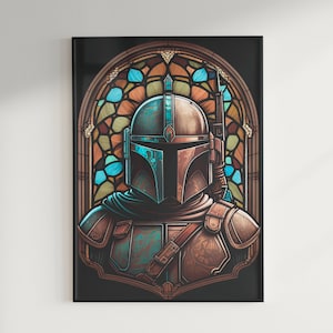 Il ritratto mandaloriano, decorazione da parete digitale stampabile, fan art di Star Wars, download digitale, variante in vetro colorato