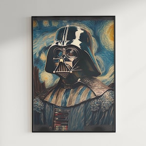 Puede incluir: Una impresión de arte digital de Darth Vader al estilo de La Noche Estrellada de Vincent van Gogh. La impresión presenta un fondo azul y amarillo en espiral con estrellas y una figura oscura de Darth Vader en el centro.