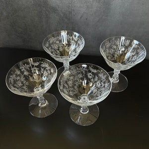 RARE 1930s Fostoria Rose Flower Champagne Glass, Etched Crystal Coupe Great Condition! Set of 4