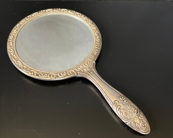 Vintage Silver Hand Mirror Ornate Repousse Floral Design