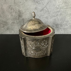Victorian Jewelry Box Repousse Oval Silver Plated Keepsake, Trinket with Original Red Velvet Lining