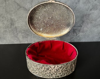 Victorian Jewelry Box Repousse Oval Silver Plated Keepsake, Trinket with Original Red Velvet Lining Engraved Monogram of "EJB" 1970's