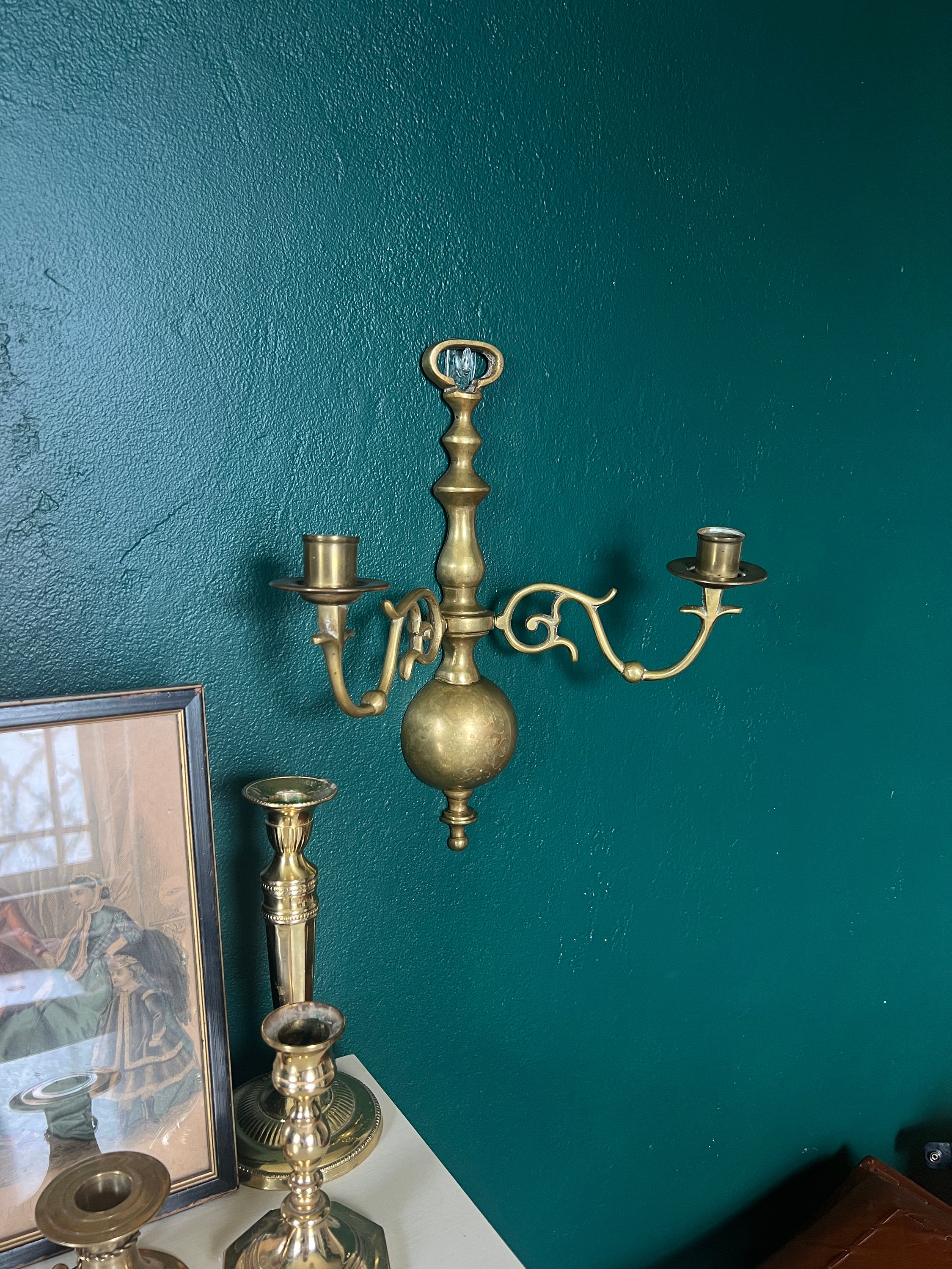 Pair Ornate Solid Brass Wall Sconces Candlestick Holders Vintage