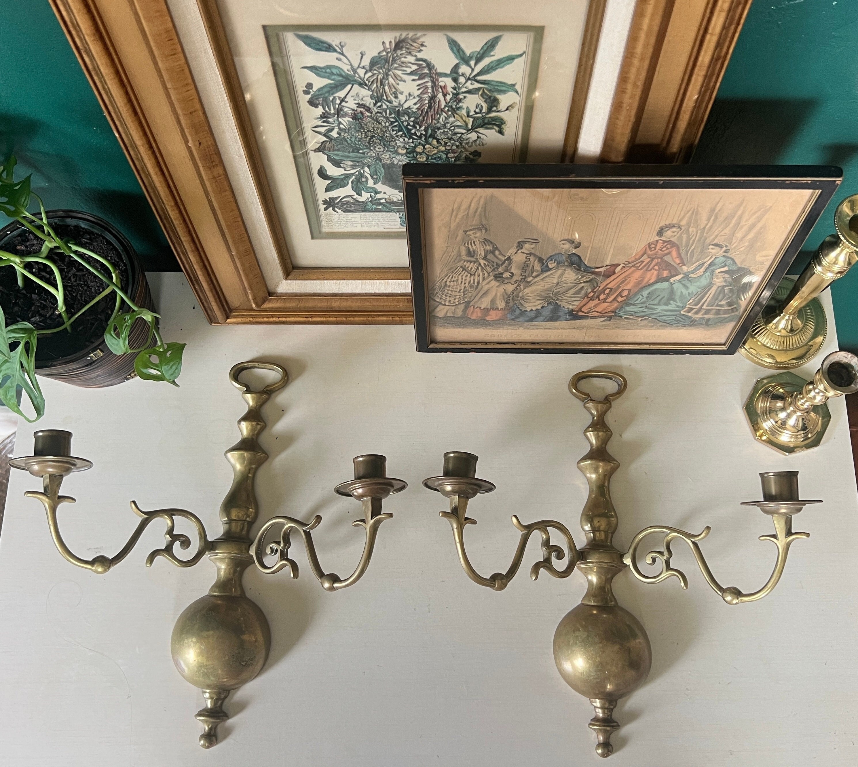 Pair Ornate Solid Brass Wall Sconces Candlestick Holders Vintage
