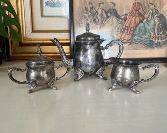 Mini Tea Set with Creamer and Sugar Bowl | Vintage Victorian Silver Plated Child's Play Set, Serving for One