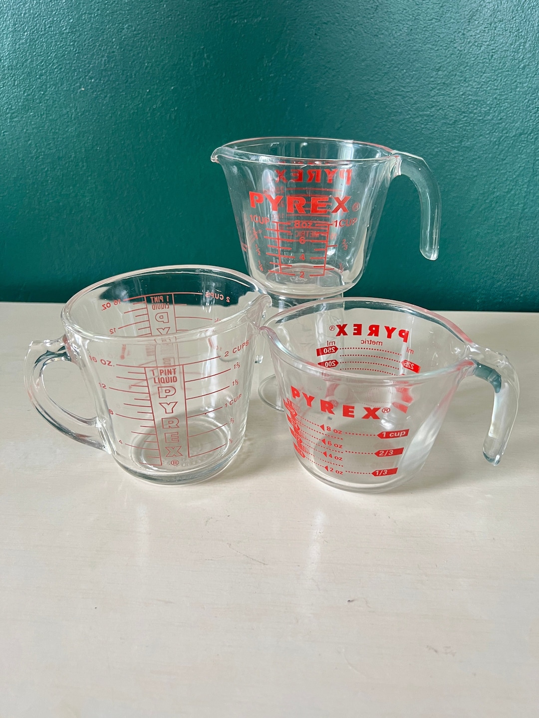 Vintage Pyrex Measuring Cups 1 Cup, 2 Cups and 8 Cups Made in USA 1960s