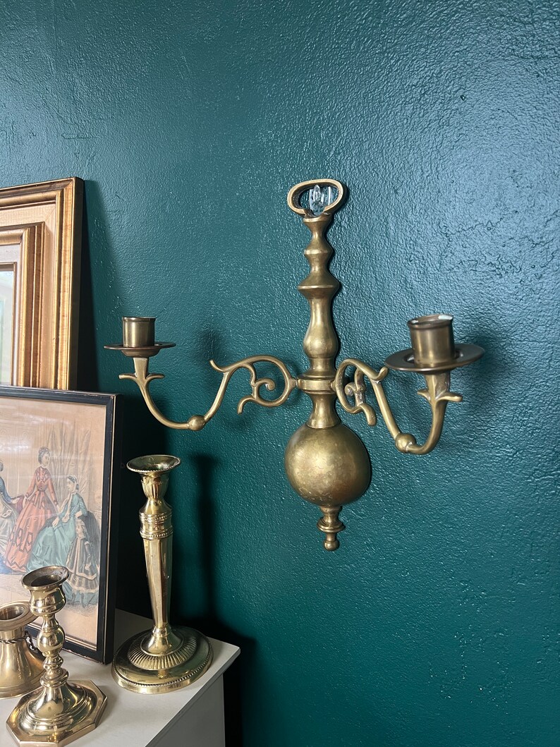 Pair Ornate Solid Brass Wall Sconces Candlestick Holders Vintage