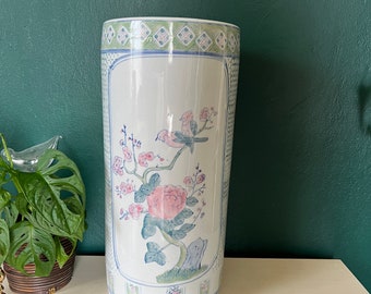 Chinoiserie Umbrella Holder Enrty Way Decor Asian China Vintage Vase with Flowers and Birds Pink, Green, Blue Hand Painted