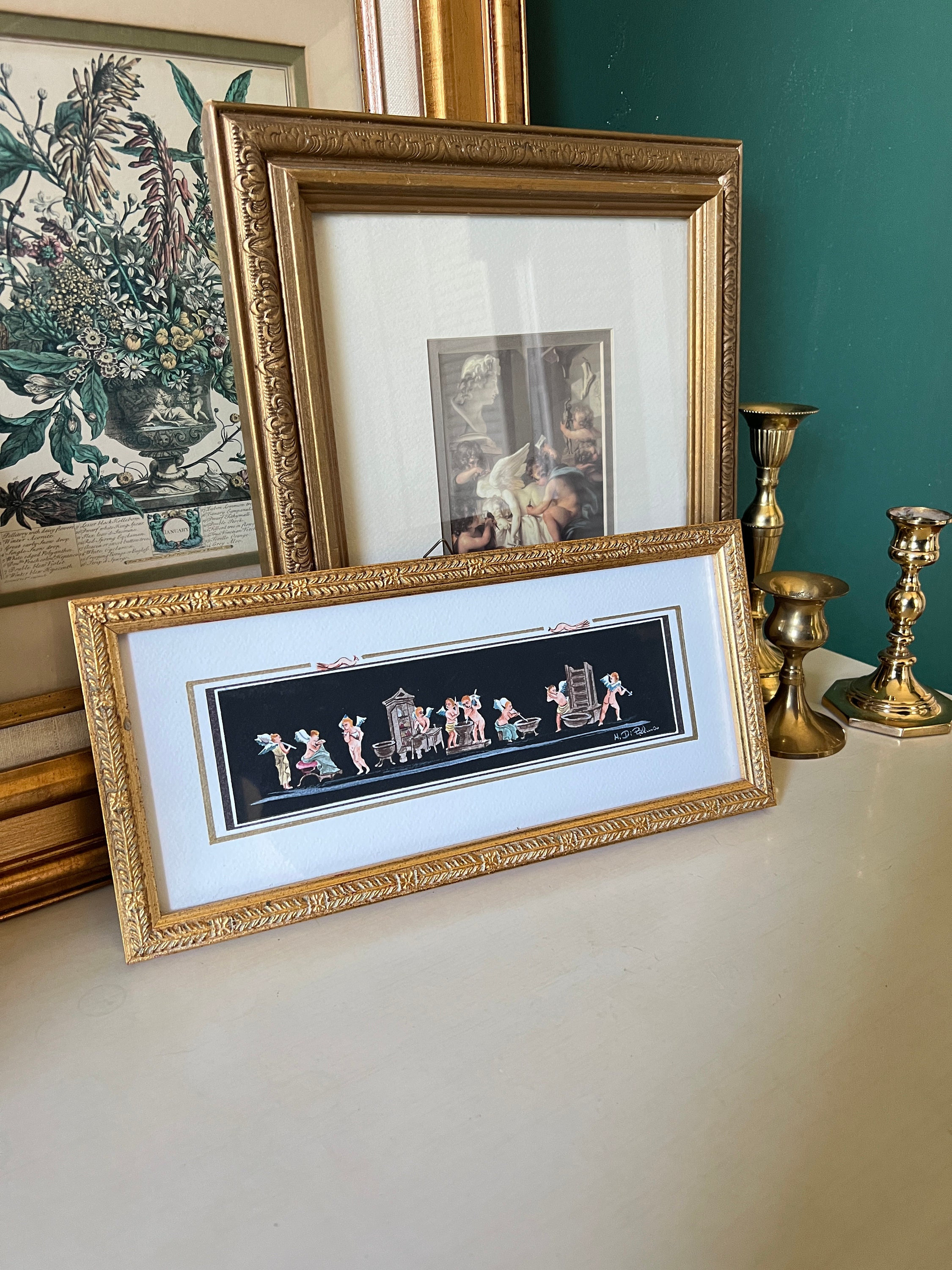 Signed Italian Watercolor of Angel Cherubs Depicted from Pompei Ruins by M. Cirillo Mid 20th Century Fresco Gouache Original