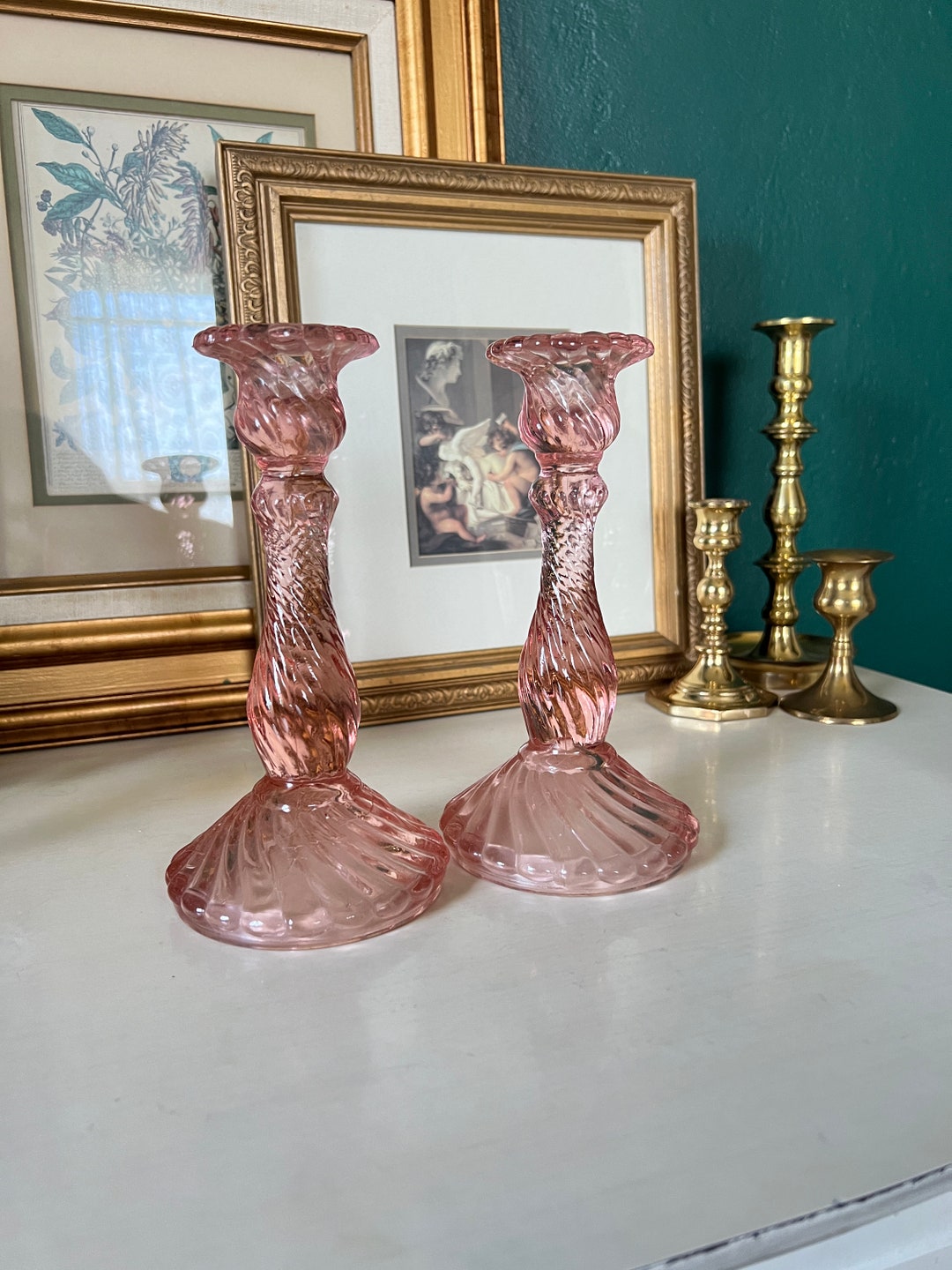 Vintage Pink Depression Glass Candlestick Pair Etsy