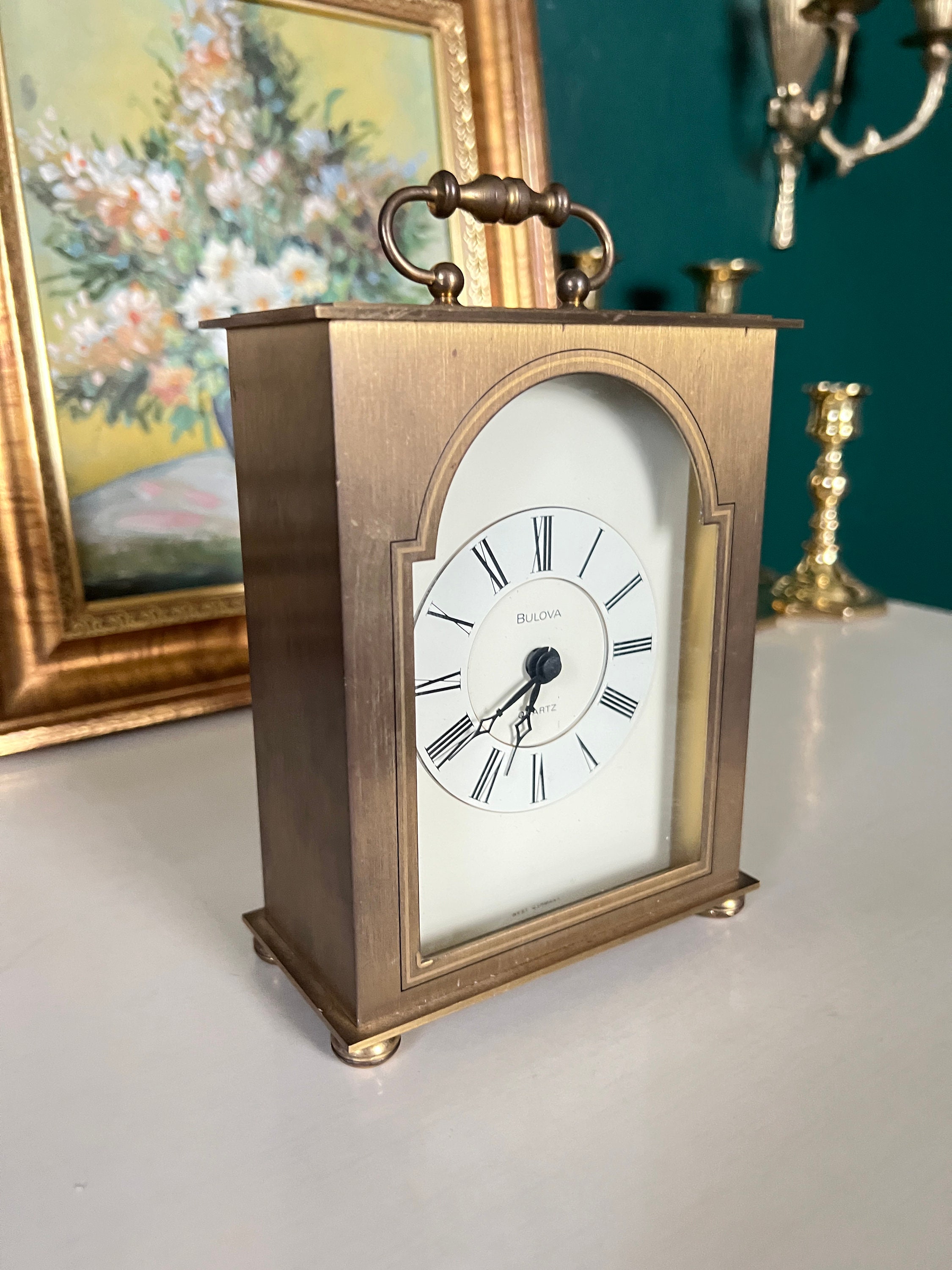 Vintage German Clock Bulova Quartz Carraige Clock for Shelf, Table, or