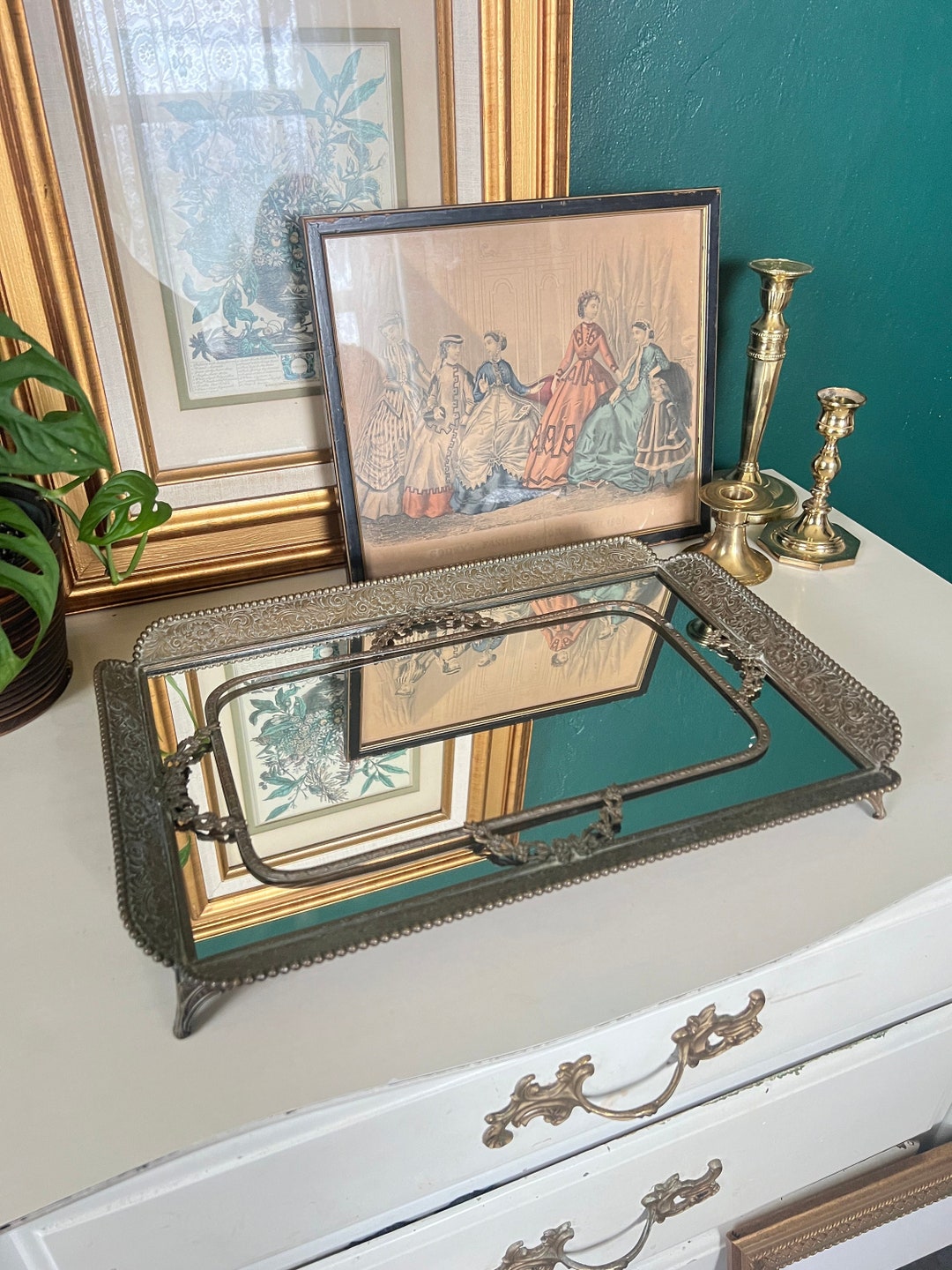 Antique Vanity Tray Brass and Mirror Unique With Double Leaves Border