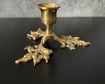 PAIR Ornate Vintage Brass Taper Candlestick Holders French Rococo Leaf Footed Gold Tone Pair
