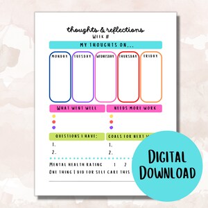 May include: A printable weekly planner with a watercolor background. The planner includes sections for daily thoughts, what went well, areas for improvement, questions, goals, and a mental health rating. The words "Digital Download" are in a blue circle.