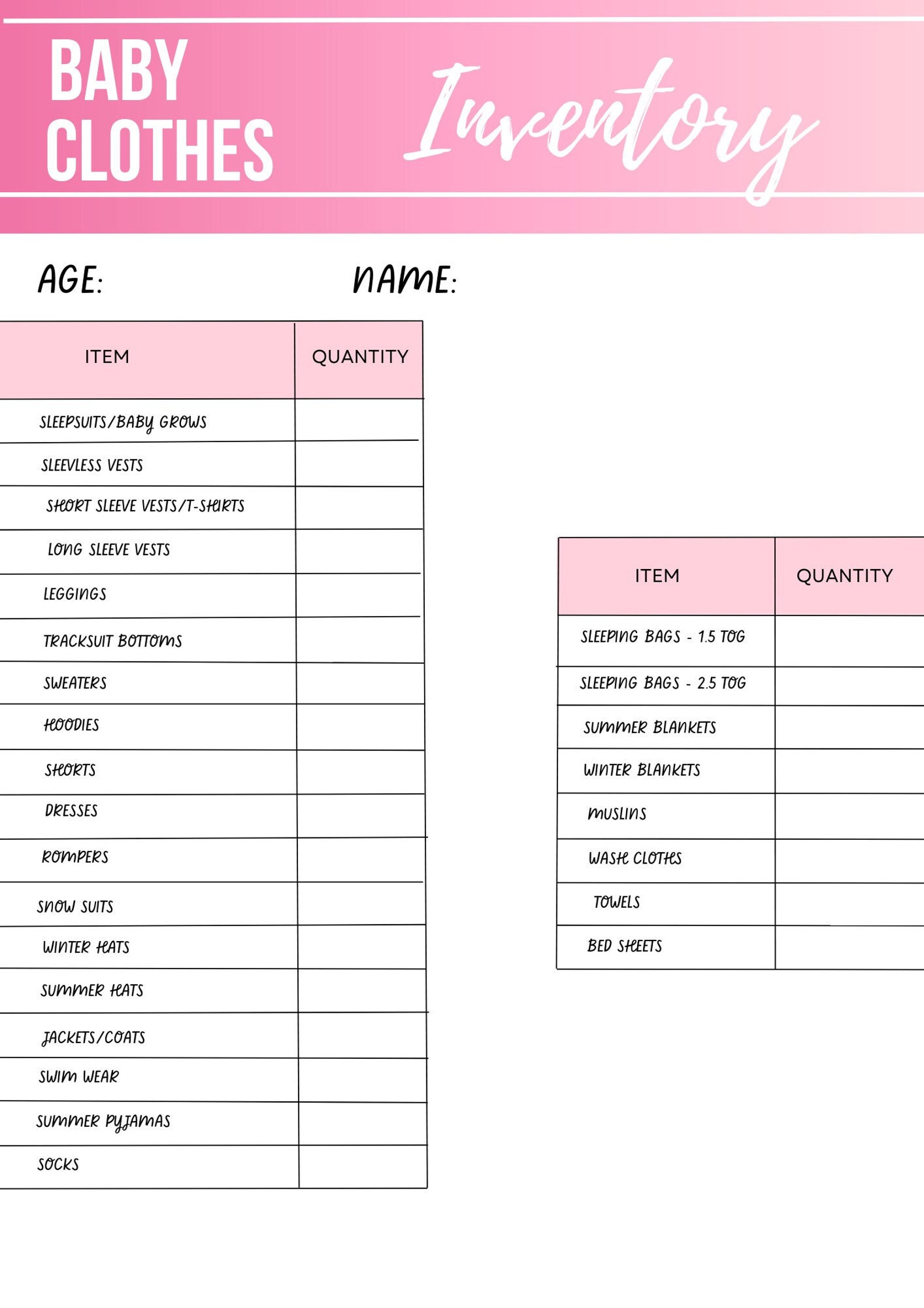 Baby Clothes Inventory Printable / Home Organisation / Baby Clothes ...