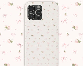 Pink Bows Phone Case, Coquette Phone Case, Cute Girly Pink Roses Phone Case, iPhone 15, 14, 13, 12, 11, XR Compatible