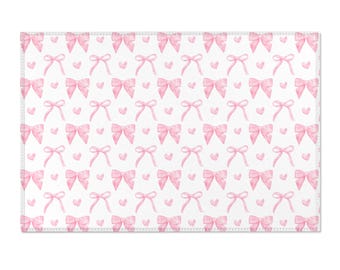 Coquette Pink Bow and Hearts Area Rug Carpet, Coquette Home Decor, Cottagecore Room Decor, Coquette Room Decor, Coquette Rug Rectangle