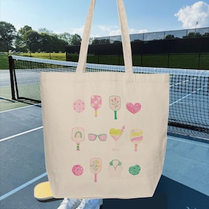Girly Pickleball Canvas Shopping Tote Bag, Women&#39;s Reusable Grocery Shopper, Cute Pickleball Gift, Pickleball Player Present, Pickleball