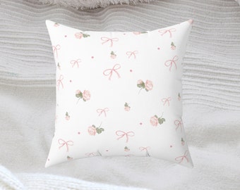 Coquette Home Decor Square Pillow, Coquette Balletcore Pillows, Gentle Pink Floral Pillowcase, Pink Bows and Roses Pillows Bedroom Decor