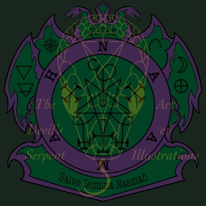 May include: A green and purple circular sigil with a pentagram and other symbols inside. The sigil is surrounded by a snake and the text "Salve Domina Naamah".