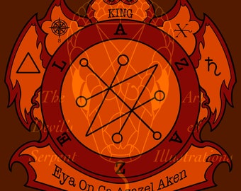 Puede incluir: Un sello circular rojo y naranja con un diseño de estrella negra en su interior. El sello está rodeado por un borde negro con el texto "KING A", "The Devil's Serpent", "Eya On Ca Azazel Aken", y "Art Illustrations".