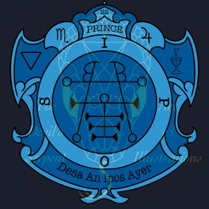 Puede incluir: Un sello azul y negro con un círculo que contiene un diseño geométrico y el texto "PRINCE I" en la parte superior. El sello está rodeado por un marco decorativo con el texto "S Devil's Serpent" a la izquierda y "P Illustrations" a la derecha. El texto "Desa An Ipos Ayer" está en la parte inferior del sello.