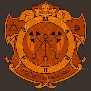 May include: A brown and orange circular seal with a pentagram, a triangle, and a circle with arrows pointing outward. The seal is surrounded by a decorative frame with the text "President M" and "Renich Tasa Uberaca Biasa Icar Marbas".