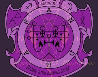 May include: A purple and black sigil with the text "63 MARQUIS" at the top and "Entay Ama Andras Anay" at the bottom. The sigil is surrounded by a circle with the letters "S O A D N" around it. The sigil is a complex design with a variety of symbols and shapes.