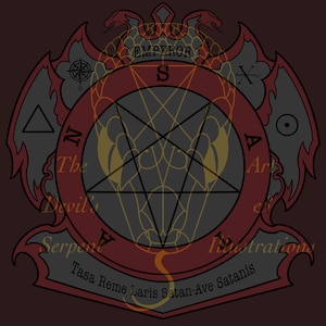 May include: A red and gray pentagram with a serpent wrapped around it. The pentagram is surrounded by a circle with the words "The Devil's Serpent" and "Art Illustrations" written on it. The circle also has a compass rose and a cross. The text at the bottom reads "Tasa Reme Laris Satan-Ave Satanis".