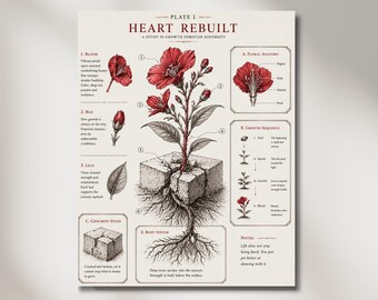 Hjärtat återuppbyggt tryck, botanisk anatomikonst, läkande väggkonst, tillväxt genom motgångar, traumaåterhämtningskonst, röd blomma utskrivbar