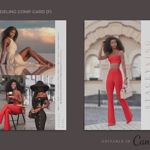 May include: A modelling comp card featuring a woman in three different poses. The card includes the model's name, "Stacey King", and the text "Editable in Canva".