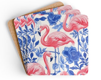 Charming Pink Flamingo Coaster Set Blue Toile Background Corkwood Coasters Home Decor