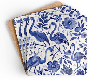 Blue Flamingo Coaster Set Delft Blue Inspired Pattern Corkwood Coasters Home Decor