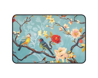 Chinoiserie Desk Mat: Birds and Blossoms Vintage Floral Office Decor