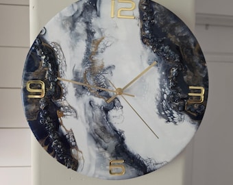 Handmade Geode Resin Clock, Navy Blue Gold Marble Wall Art, Modern Home Decor