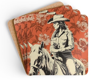Vintage Cowgirl Coaster Set: Western Floral Art, Cork Backed (4-Piece)