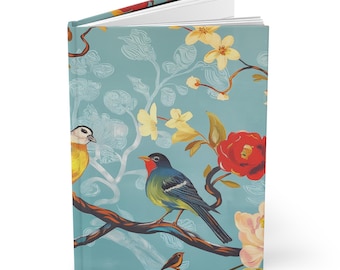 Colorful Birds Hardcover Journal - Garden Song Notebook with Blue Floral Design