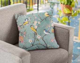 Whimsical Chinoiserie Birds Throw Pillow Modern Floral Accent Cushion for Cozy Living Spaces
