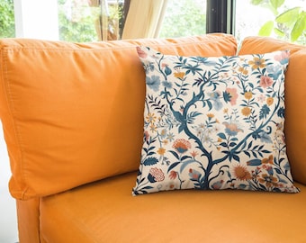Chinoiserie Blue Orange Decorative Pillow Elegant Double-Sided Print Polyester Cushion Accent Home Decor