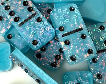 Custom Resin Dominoes – Turquoise Star Sparkle Professional Size – Galaxy Game Night Gift