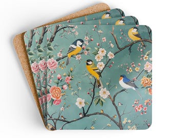 Coaster Set Tiny Birds on Teal Chinoiserie Inspired Design Corkwood Coasters Home Decor