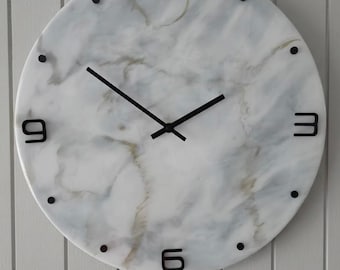 Handmade White Marble Resin Clock, Modern Neutral Home Decor, Contemporary Wall Art