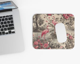 Toile De Jouy Inspired Pink Flamingos Roses Mousepad Stylish Charming Office Decor