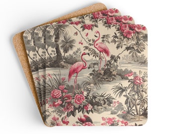 Flamingo Black Gray Toile Pattern Coaster Set Pink Flamingos Roses Corkwood Coasters Home Decor