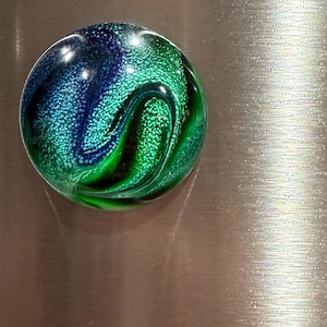 Ocean Resin Magnet Round Blue and Green Swirl for Fridge or Locker